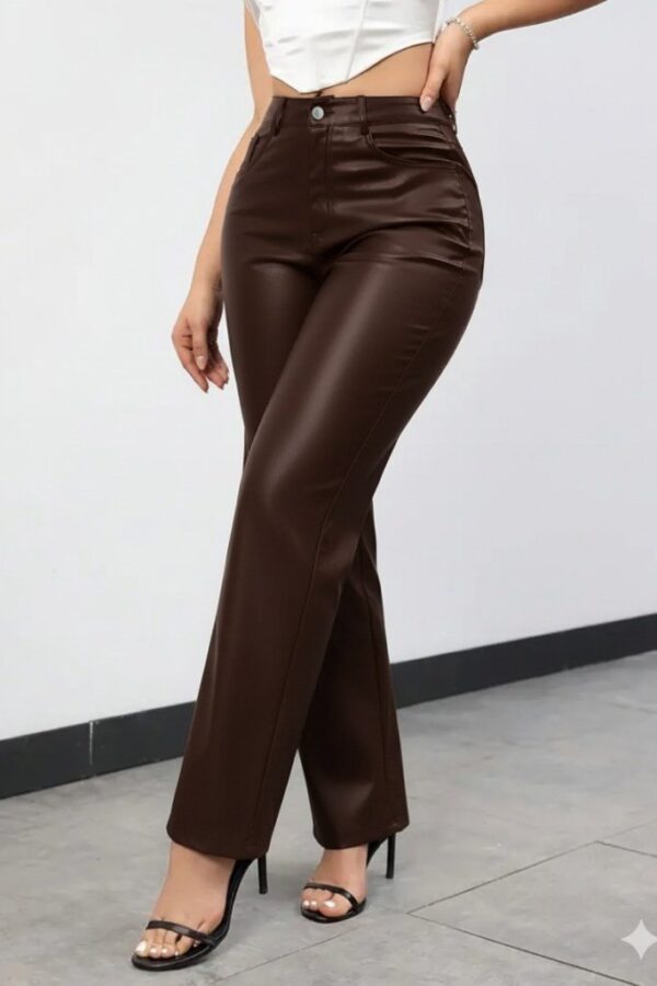 Kadın Yüksek Bel Cepli Deri Pantolon