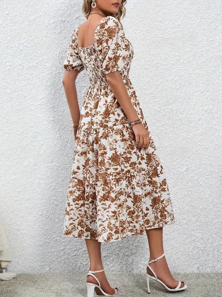 Kadın Kısa Kollu Kare Yakalı Lastikli Desenli Süprem Elbise - Görsel 5