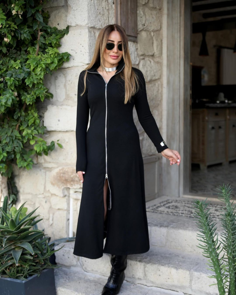 Kadın Uzun Kollu önden Fermuarlı Maxi Viskon Iki Iplik Elbise - Görsel 14