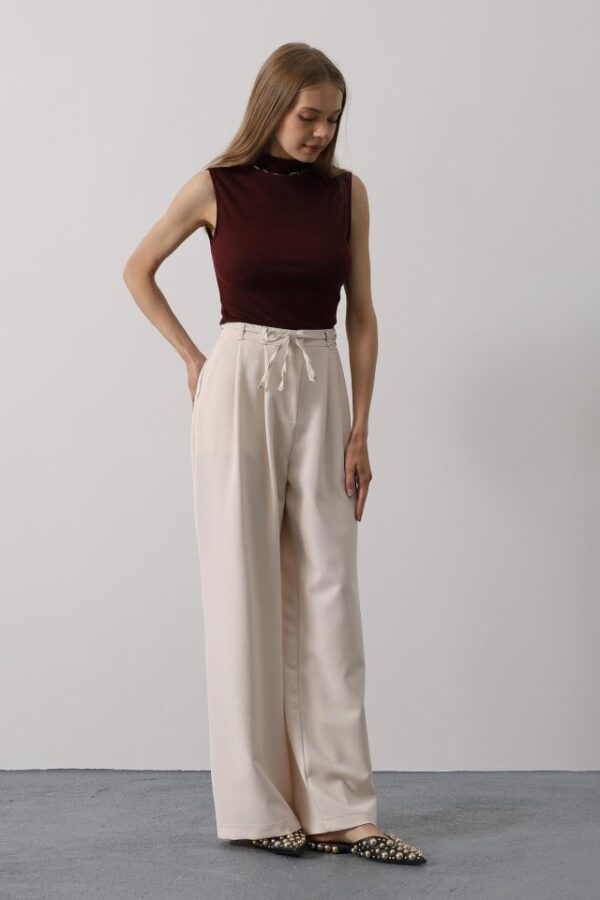 Pileli Bağcıklı Oversize Pantolon - Bej