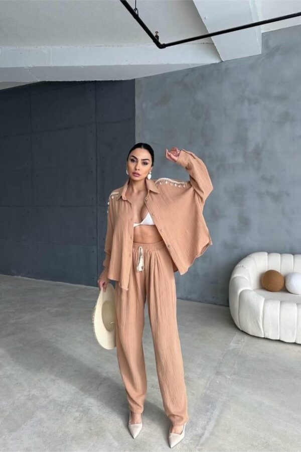 OMUZ SAÇAK DENİZ KABUĞU GÖMLEK - PANTOLON TAKIM - Bej