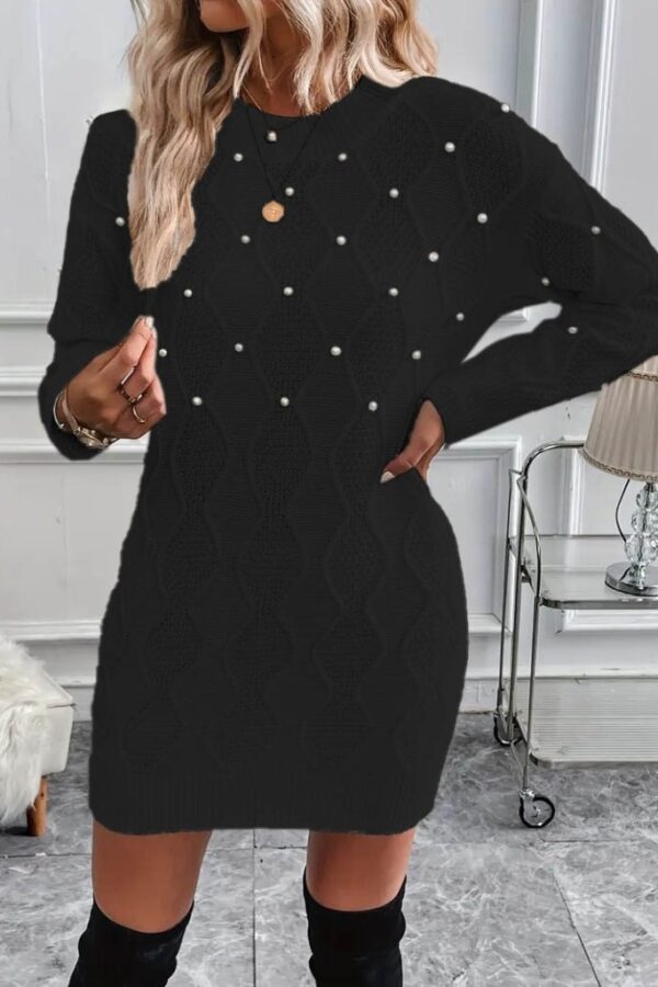 Kadın Uzun Kollu Bisiklet Yaka Desenli Triko Elbise