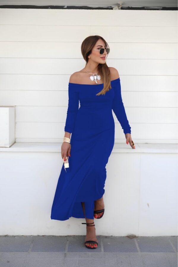 Kadın Uzun Kollu Madonna Yaka Tam Boy Viskon Elbise