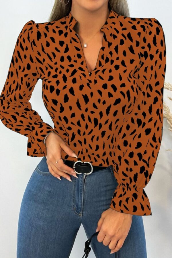 Kadın Uzun Kollu Baskılı V Hakim Yaka Helen Bluz