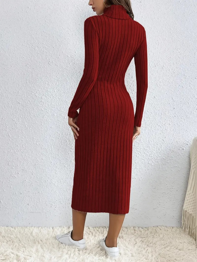 Kadın Uzun Kollu Balıkçı Yaka Yırtmaçlı Düğmeli şardonlu Kaşkorse Elbise - Görsel 10