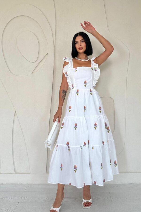 Yeşil Sıfır Kol Fırfırlı Elbise