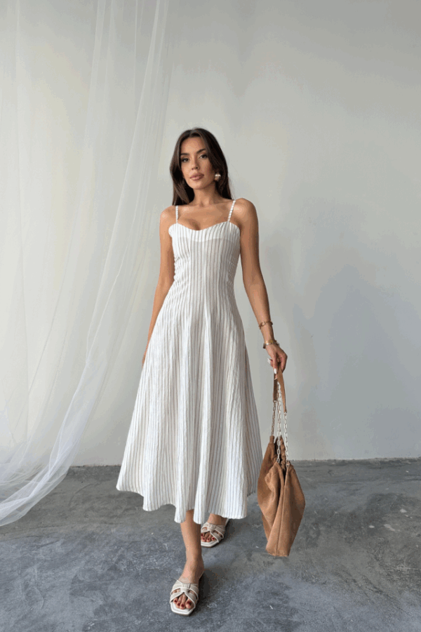 SİMLİ ÇİZGİLİ ASKILI ELBİSE MİDİ BOY - Kahverengi