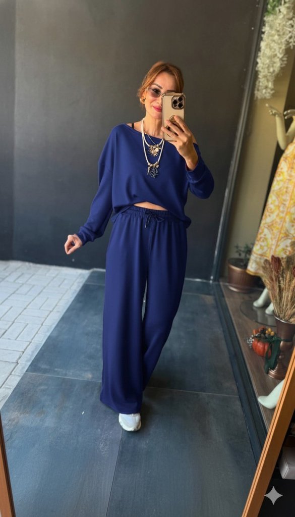 Kadın Uzun Kollu Tek Omuzdan Açık Viskon Iki Iplik Bluz Ve Pantolon Ikili Takım - Görsel 11