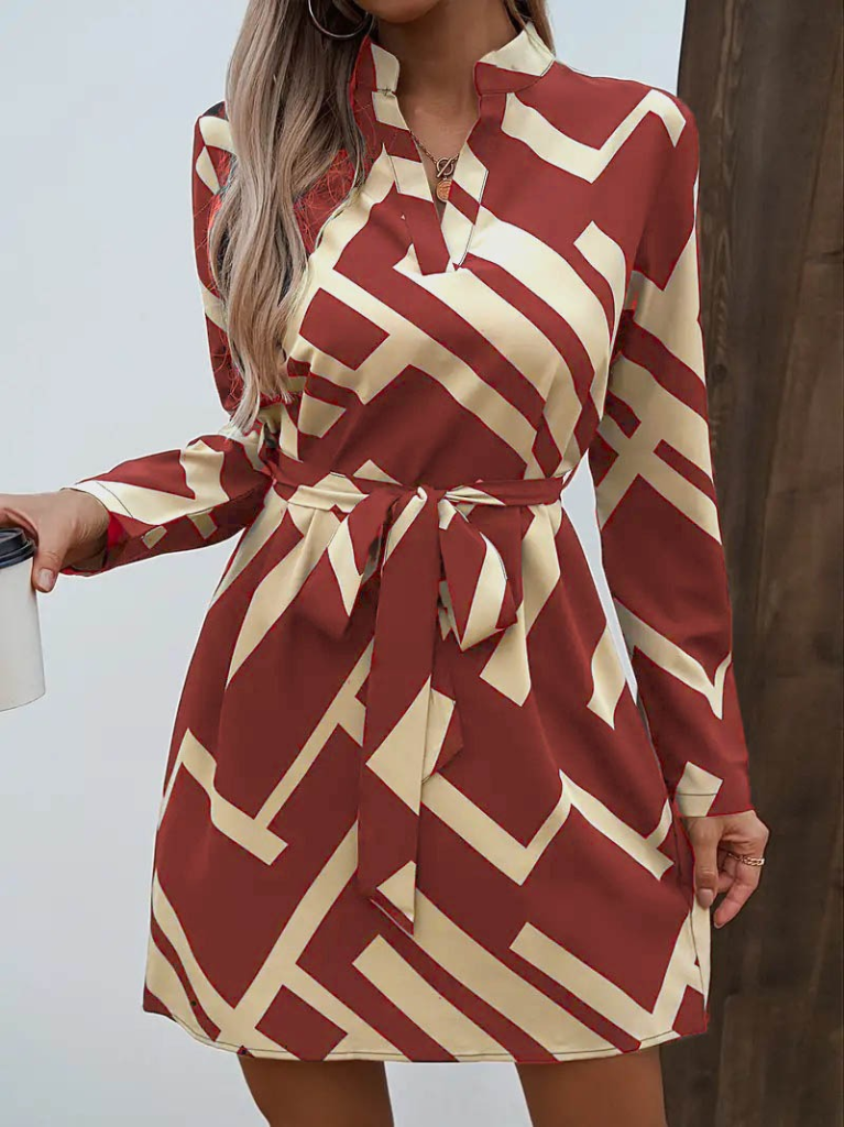 Kadın Uzun Kollu V Yakalı Desenli Belinde Kuşaklı Dalgıç Elbise - Görsel 11