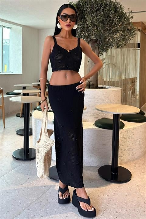 İnci Ve Çiçek Detaylı Büstiyerli Triko Takım 10100