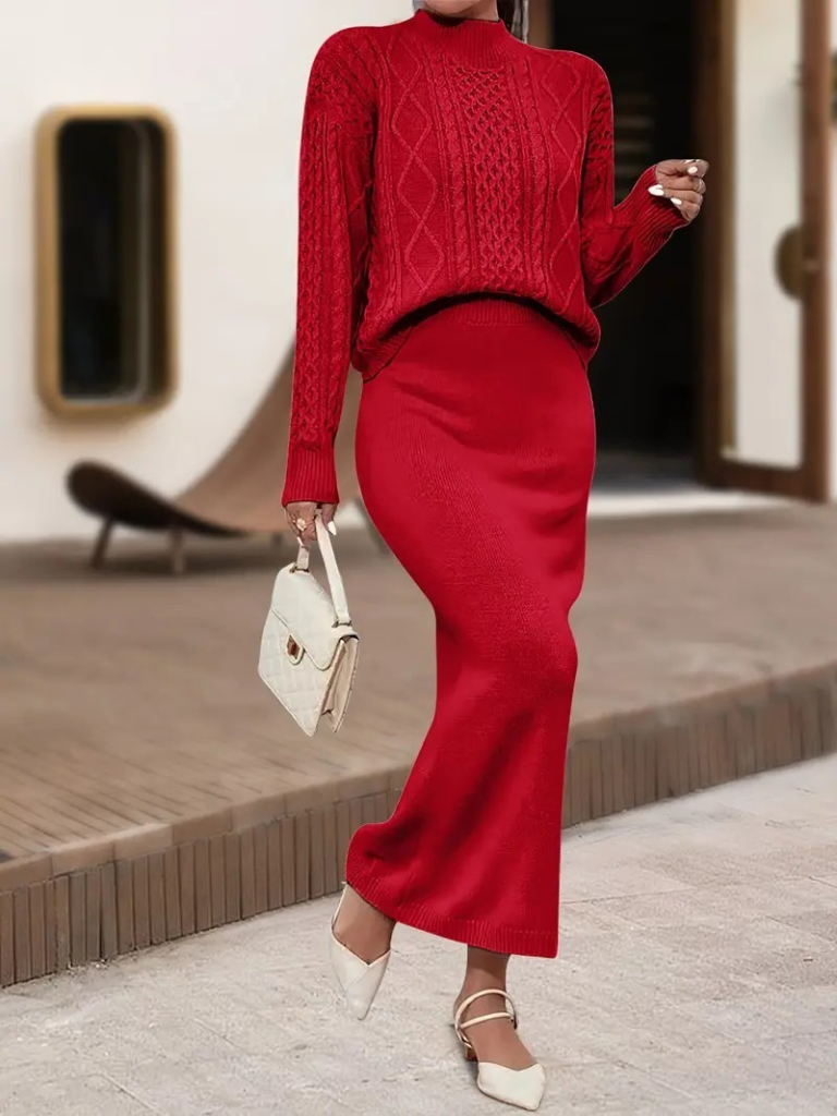 Kadın Uzun Kollu Balıkçı Yaka Bluz Ve Etek Ikili Triko Takım - Görsel 3