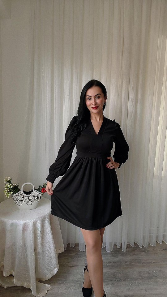 Kadın Uzun Kollu V Yaka Belden Hafif Pileli Scuba Krep Mini Boy Elbise - Görsel 7