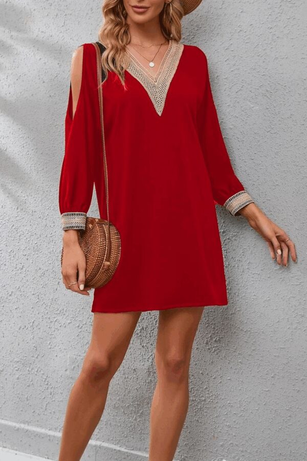 Kadın Uzun Kollu Yaka Ve Kol Manşet Güpürlü Detay Krep Mini Boy Elbise