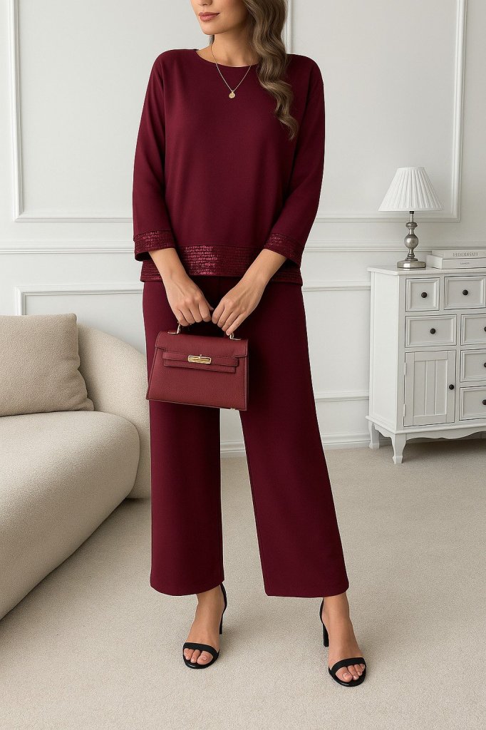 Kadın Uzun Kollu Bisiklet Yaka Pulpayetli Viskon Iki Iplik Bluz Ve Pantolon Ikili Takım - Görsel 13