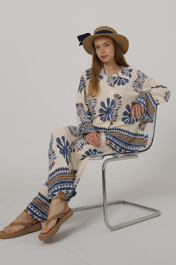 Desenli Kolları Volanlı Pantolon Takım - Mavi
