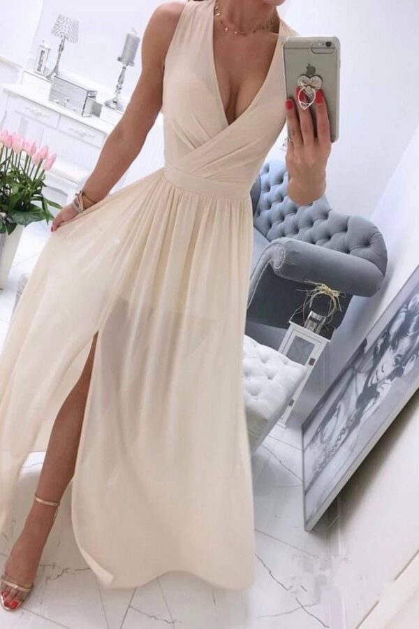 Kadın şifon Kumaş V Yaka Sıfır Kol Maxi Boy Elbise