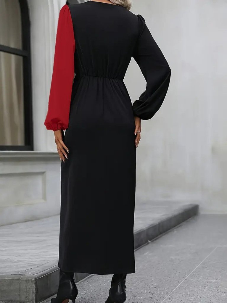 Kadın Uzun Kollu Kruvaze Yakalı Belden çapraz Detaylı çift Renkli Midi Ithal Krep Elbise - Görsel 15