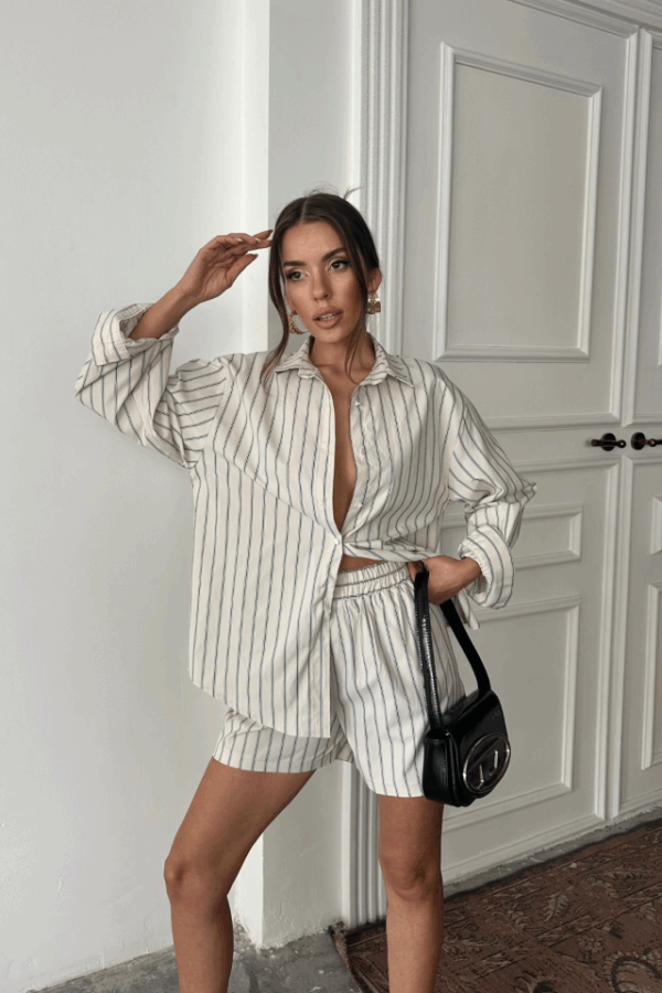 POPLİN ÇİZGİLİ GÖMLEK - ŞORT TAKIM - Mavi