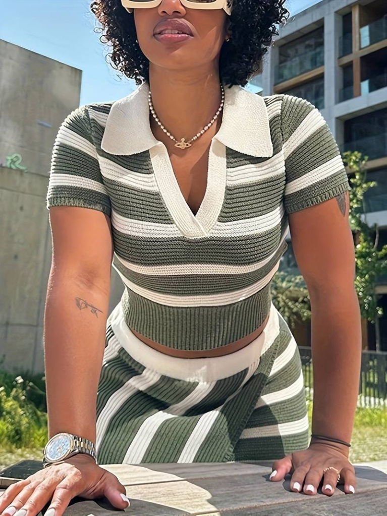 Kadın Kısa Kollu Polo Yaka Crop Asimetrik Mini Triko Etek Ikili Takım - Görsel 5