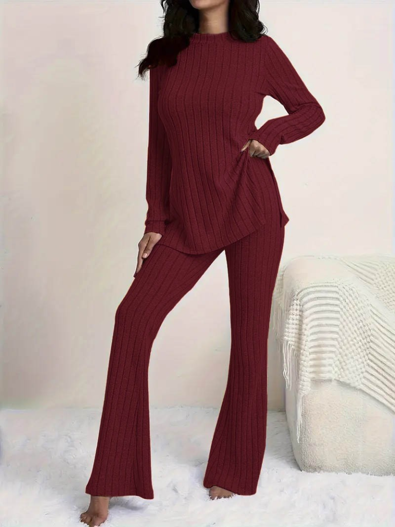 Kadın Uzun Kollu Yuvarlak Yaka Yandan Yırtmaç Detaylı şardonlu Kaşkorse Bluz Ve Pantolon Ikili Takım - Görsel 6