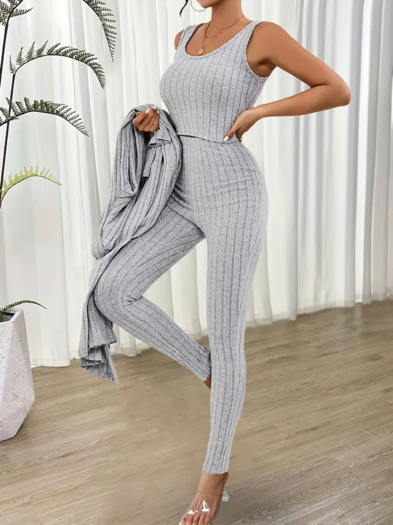 Kadın Yuvarlak Yaka Askılı Krop Bluz Yüksek Bel Tayt Ve Uzun Hırka şardonlu Kaşkorse üçlü Takım - Görsel 2