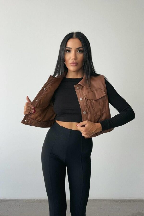 DERİ CROP YELEK - Kahverengi
