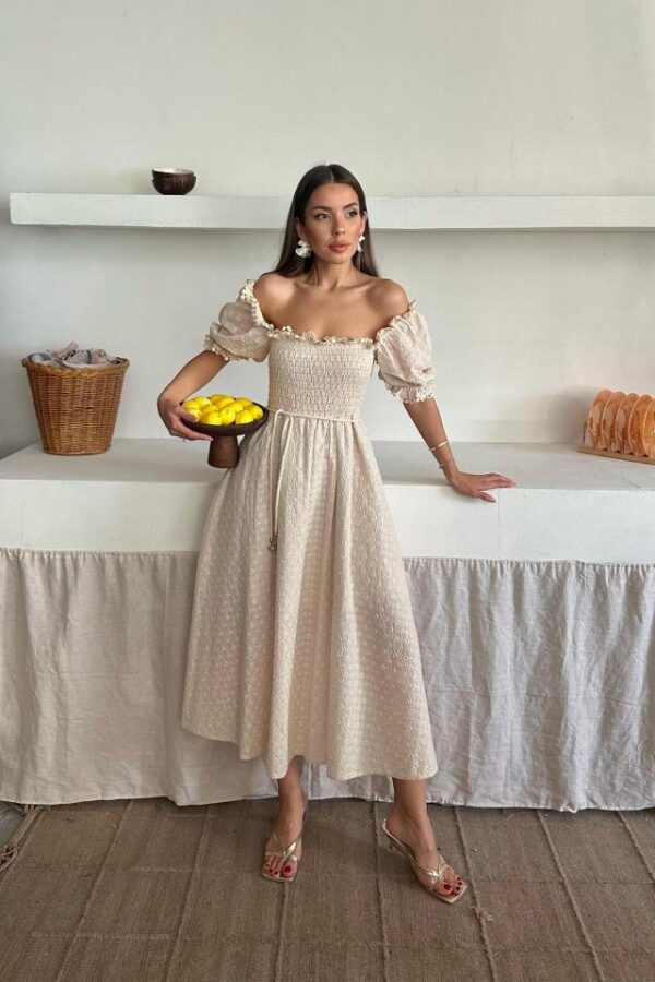 Yağ Yeşili Gipeli Brode Elbise