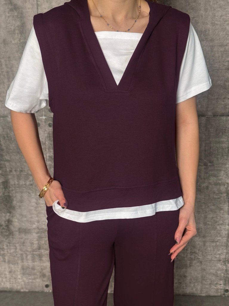 Kadın Kısa Kollu V Yakalı Kapşonlu Viskon Iki Iplik Bluz Ve Pantolon Takım - Görsel 8