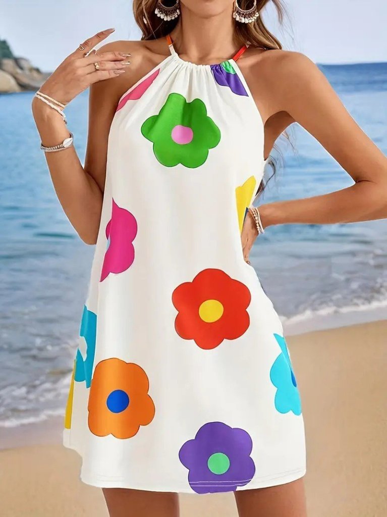 Kadın Boyundan Askılı Kolsuz çiçek Desenli Süprem Elbise - Görsel 8