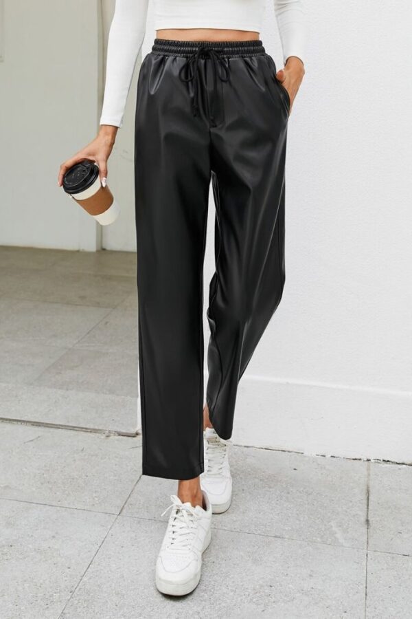 Kadın Yüksel Bel Bağcıklı Deri Pantolon