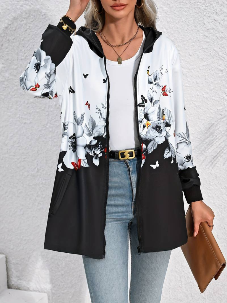 Kadın Uzun Kollu Kapşonlu Fermuarlı çiçek-kelebek Desenli şardonlu Dalgıç Ceket - Görsel 7