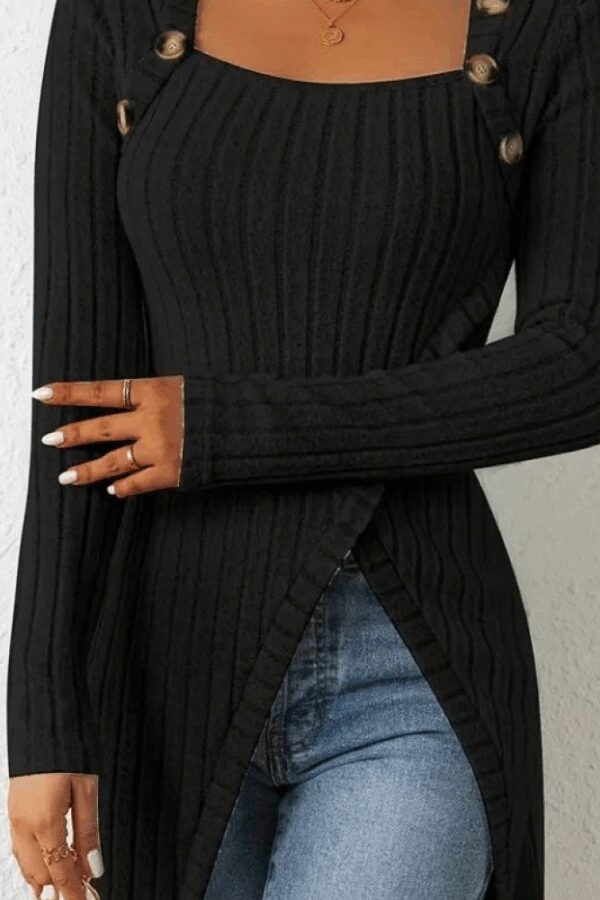 Kadın Uzun Kollu Derin Kare Yaka Düğme Detay şardonlu Kaşkorse Kruvaze Bluz