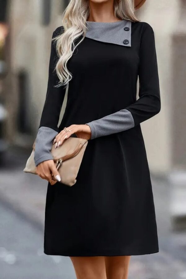 Kadın Uzun Kollu Yakadan Düğmeli Kısa Viskon Iki Iplik Elbise