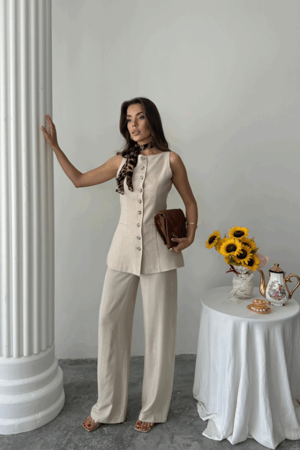 KETEN YELEK - PANTOLON TAKIM - Taş