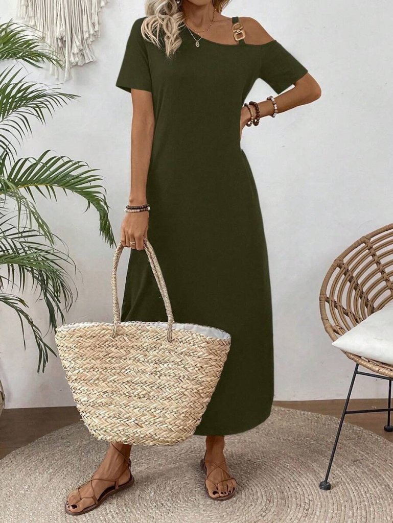 Kadın Tek Omuzdan Açık Toka Detaylı Yandan Yırtmaçlı Maksi Boy Viskon Elbise - Görsel 10