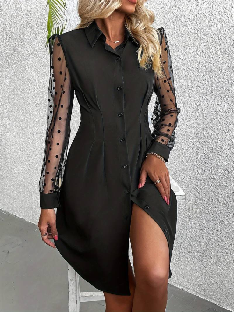 Kadın Uzun Puantiyeli Tül Kol Gömlek Yakalı önden Düğmeli Ithal Krep Elbise - Görsel 2