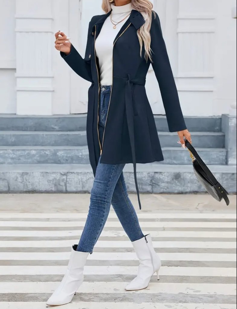 Kadın Uzun Kollu Boyundan Düğmeli Fermuarlı Beli Kuşaklı Süet Ceket - Görsel 4