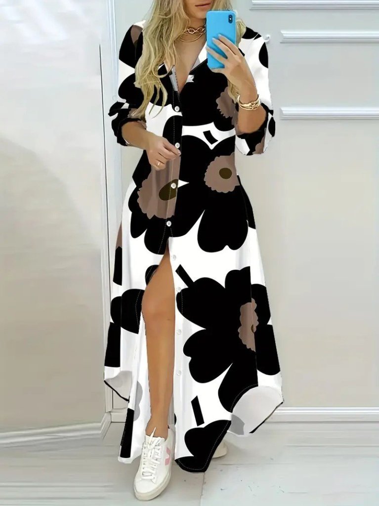 Kadın Yakalı önden Düğmeli çiçek Desenli Uzun Süprem Elbise