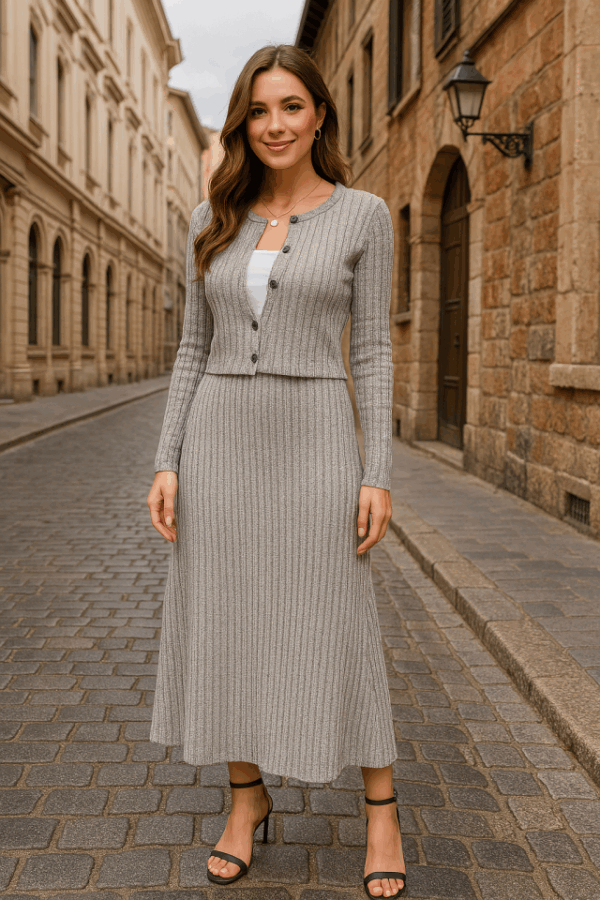 Kadın Uzun Kollu önden Düğmeli Bluz Ve Yüksek Bel A Kesim Uzun Etek şardonlu Kaşkorse Ikili Takım