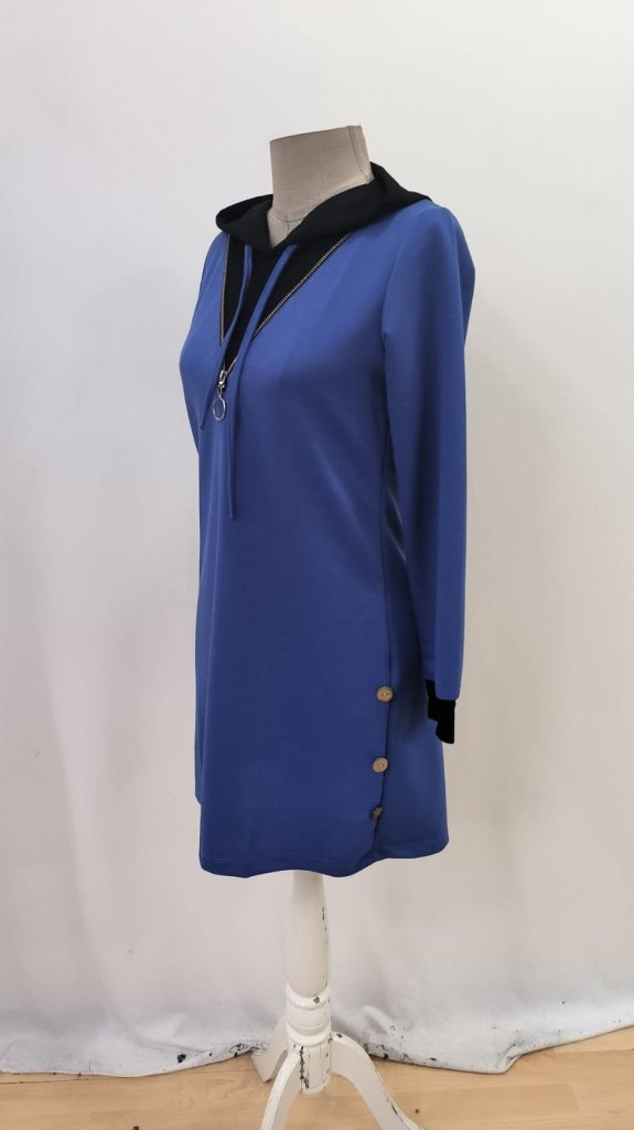 Kadın Uzun Kollu Kapşonlu önden Fermuarlı Düğmeli Mini Iki Iplik Elbise - Görsel 5