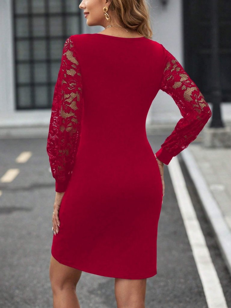 Kadın Uzun Kollu Kruvaze Yaka Beli Düğme Detay Krep Elbise - Görsel 18