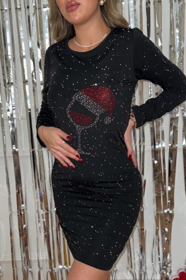 Kadın Yılbaşı özel Uzun Kollu Taş Kadeh Baskı Mikro Mini Boy Elbise