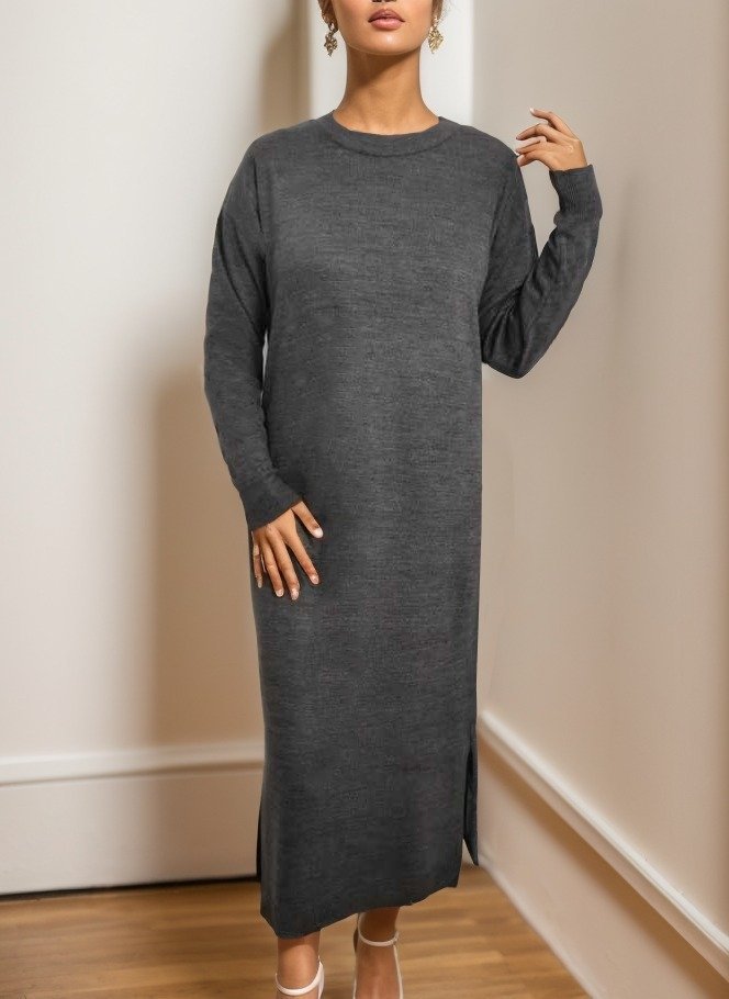 Kadın Uzun Kollu Bisiklet Yaka Yırtmaç Detay Triko Midi Boy Elbise - Görsel 5