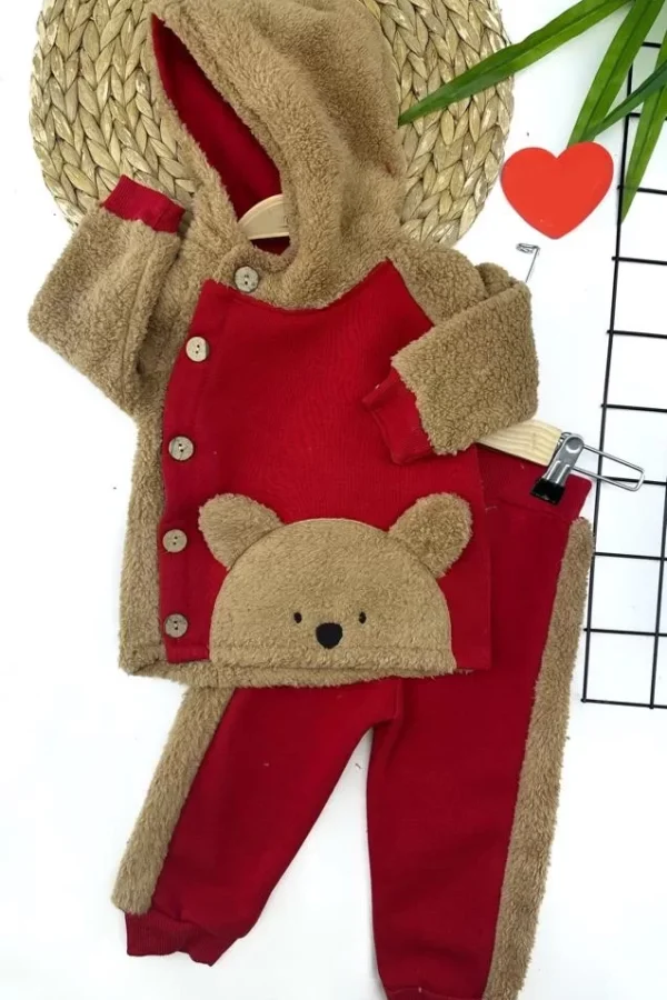 6-12-18-24 Ay Düğme Kapamalı Kapşonlu Ceket Welsoft Detaylı 2li Erkek Bebek Takımı