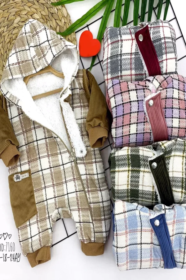 6-12-18-24 Ay İçi Kuzulu Ef Boy Fermuarlı Kapşonlu Erkek Bebek Tulumu Bej