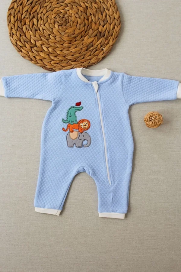 6-9 12-18 18-24 24-36 Ay Animal Nakışlı Bal Peteği Kumaş Es Fermuarlı Erkek Bebek Tulumu Mavi