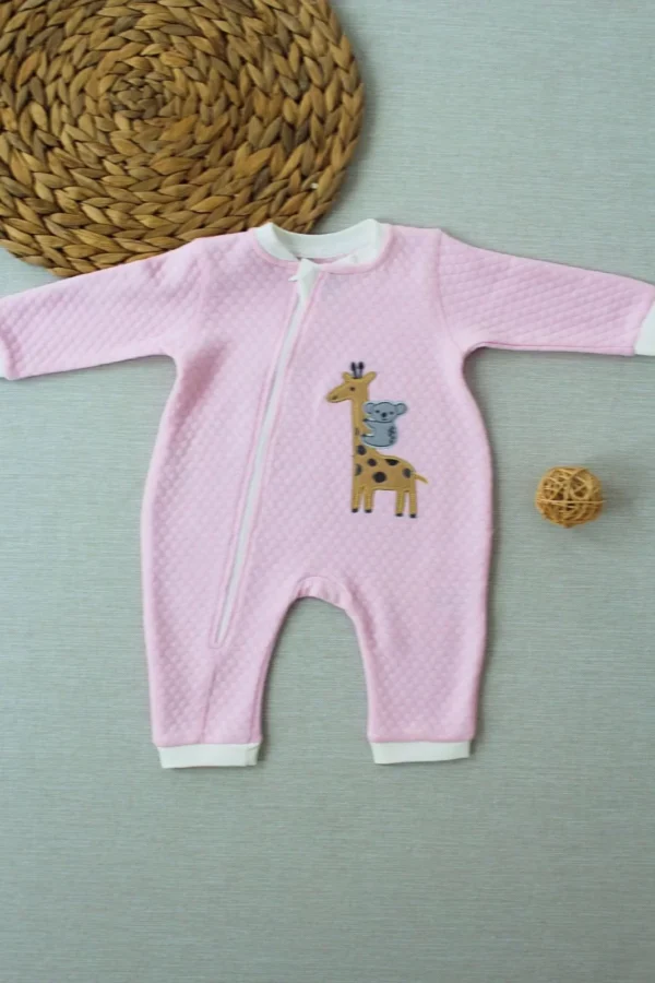 6-9 12-18 18-24 24-36 Ay Animal Nakışlı Bal Peteği Kumaş Es Fermuarlı Kız Bebek Tulumu Pembe