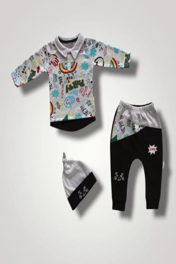 6-9 12-18 18-24 Ay Power Kedi Nakışlı Uzun Kollu Sweat Şapkalı 3lü Kız Erkek Bebek Takımı Siyah