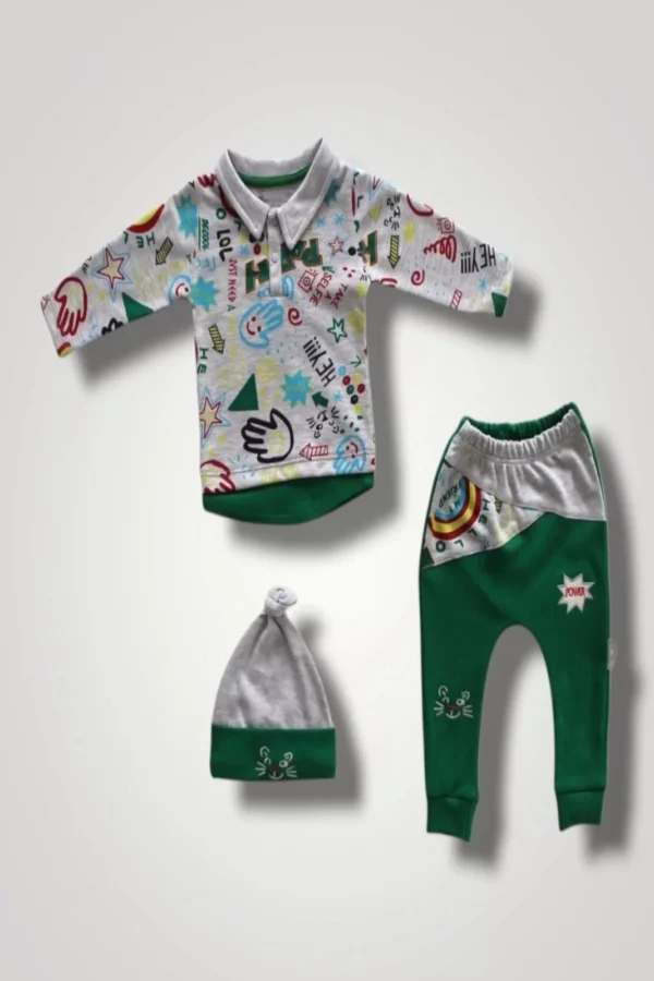 6-9 12-18 18-24 Ay Power Kedi Nakışlı Uzun Kollu Sweat Şapkalı 3lü Kız Erkek Bebek Takımı Yeşil