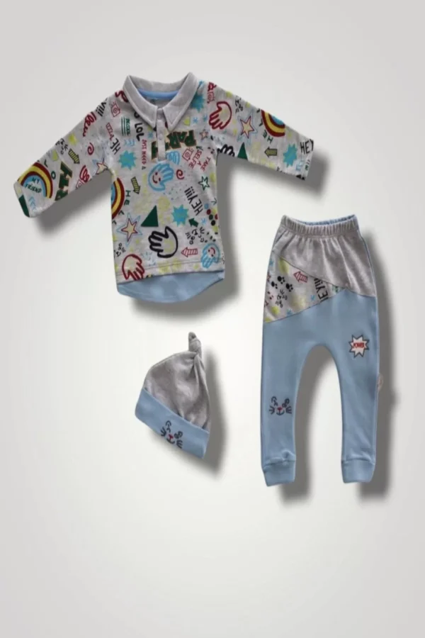 6-9 12-18 18-24 Ay Power Kedi Nakışlı Uzun Kollu Sweat Şapkalı 3lü Kız Erkek Bebek Takımı Mavi